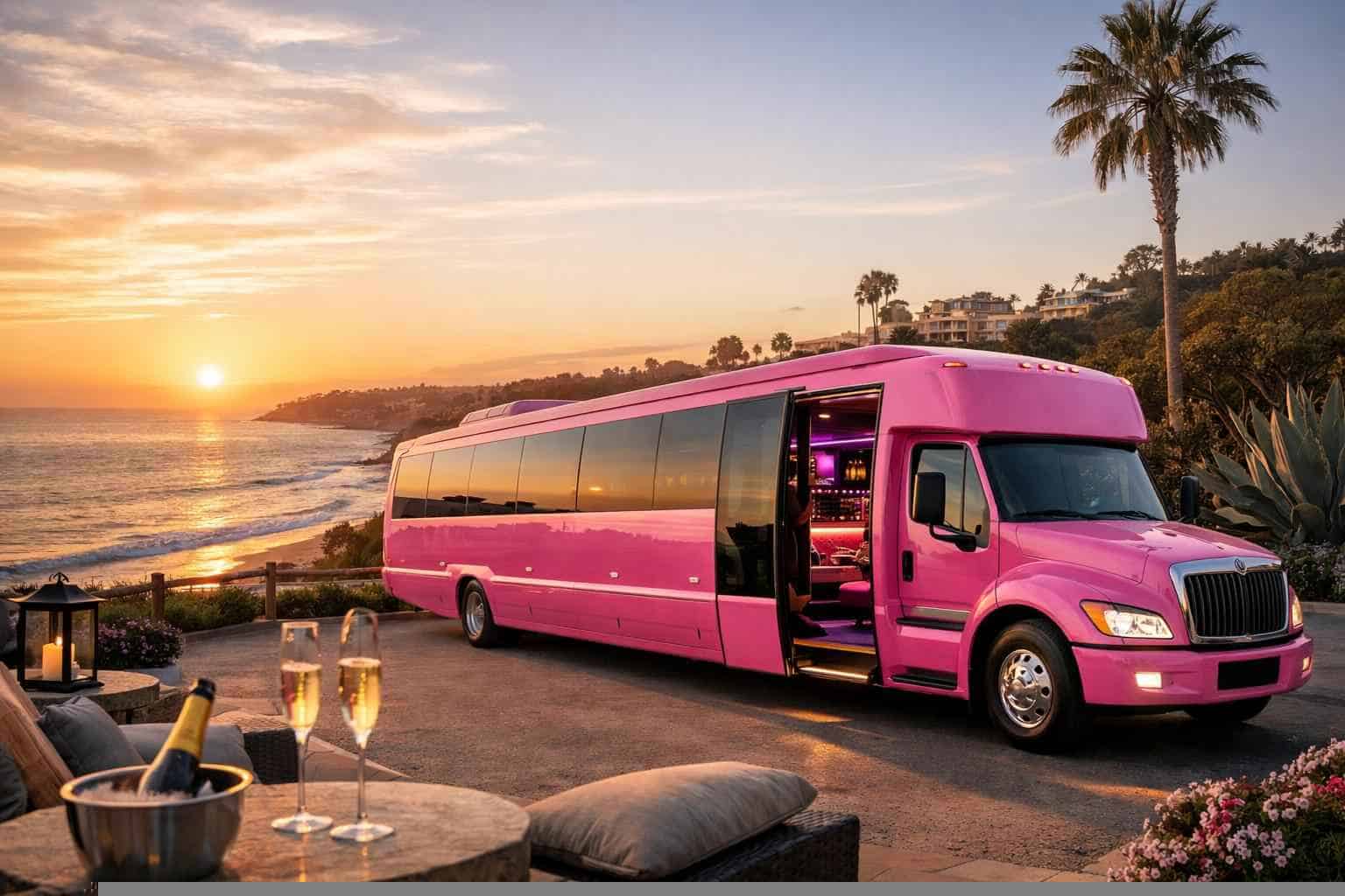 Luxury Pink Party Bus Rental in Del Mar California