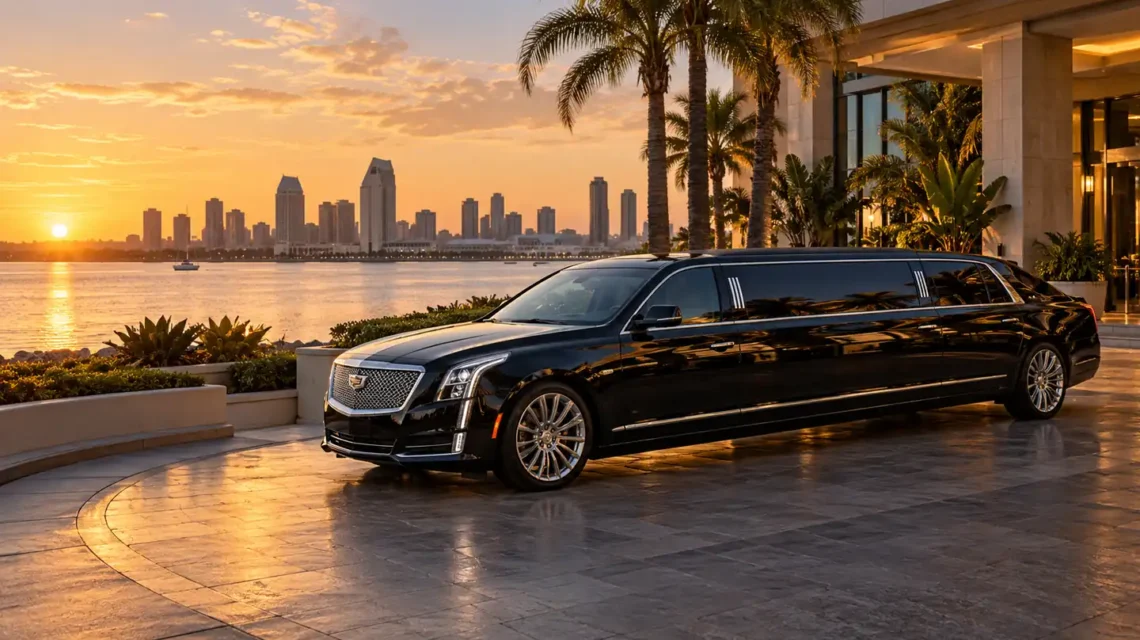 Black stretch limousine by San Diego Bay at sunset, illustrating San Diego Food and Wine Festival limo transportation