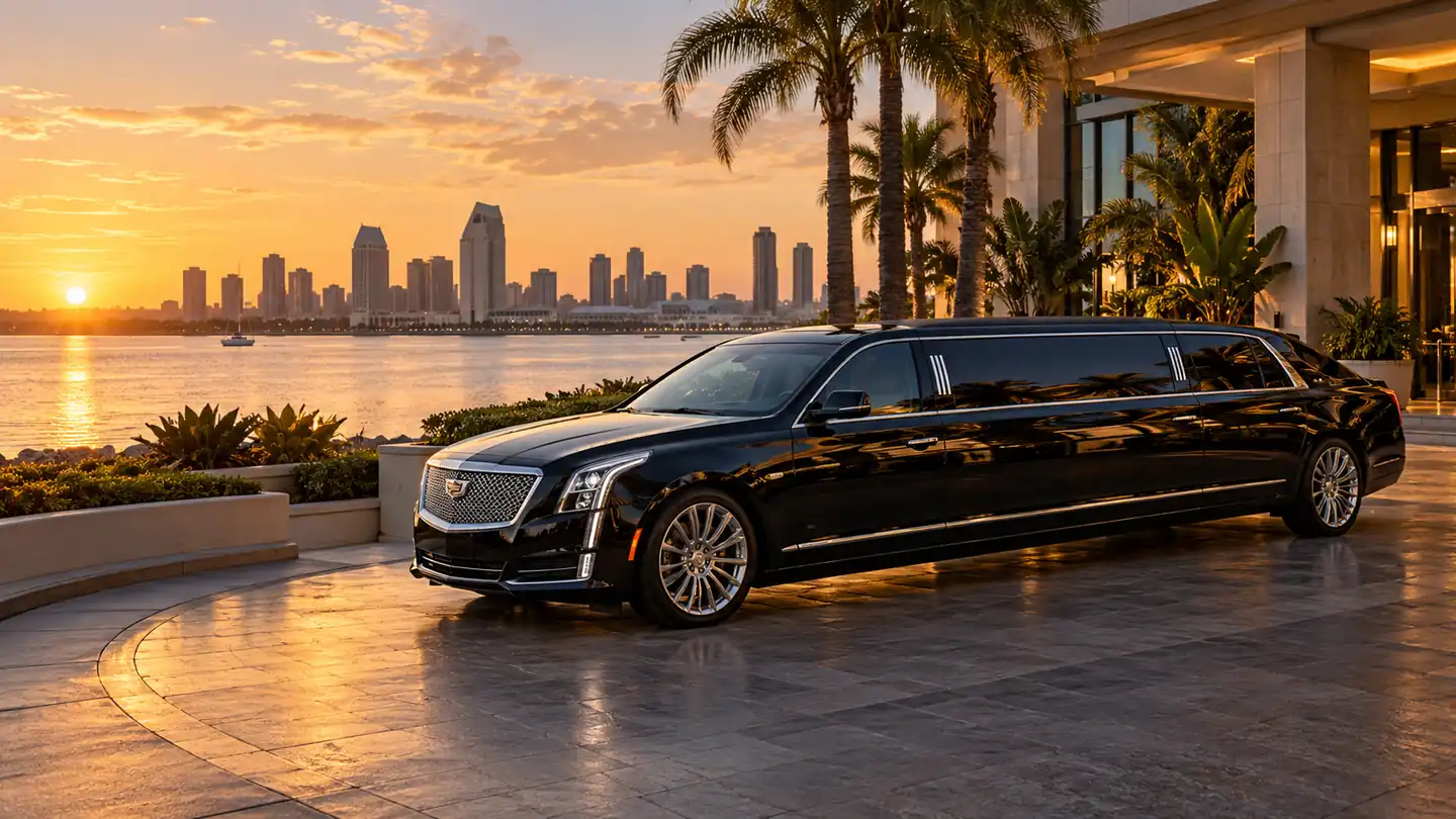 Black stretch limousine by San Diego Bay at sunset, illustrating San Diego Food and Wine Festival limo transportation